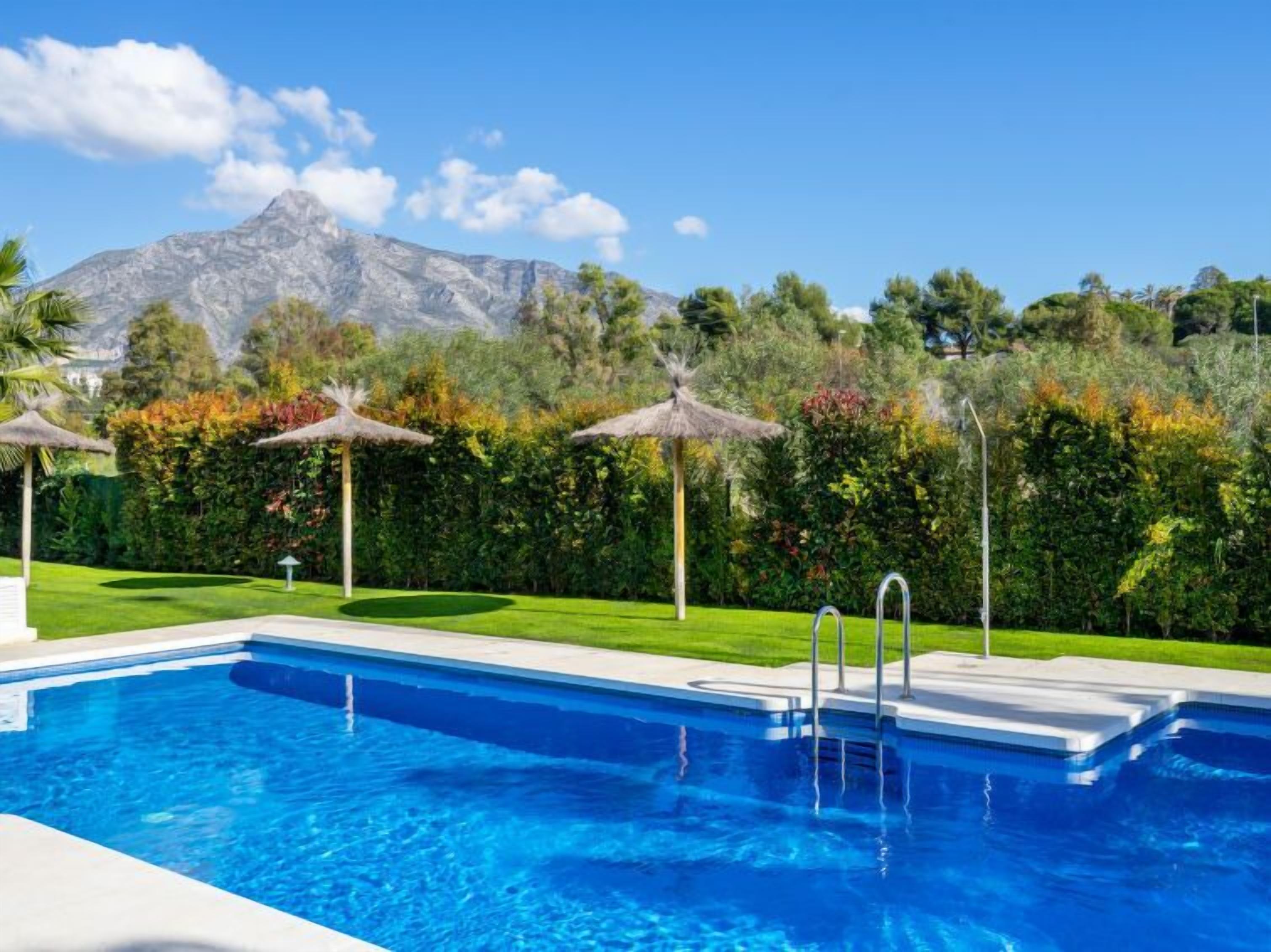 Una piscina con agua cristalina azul, rodeada por un césped cuidado y plantas tropicales.