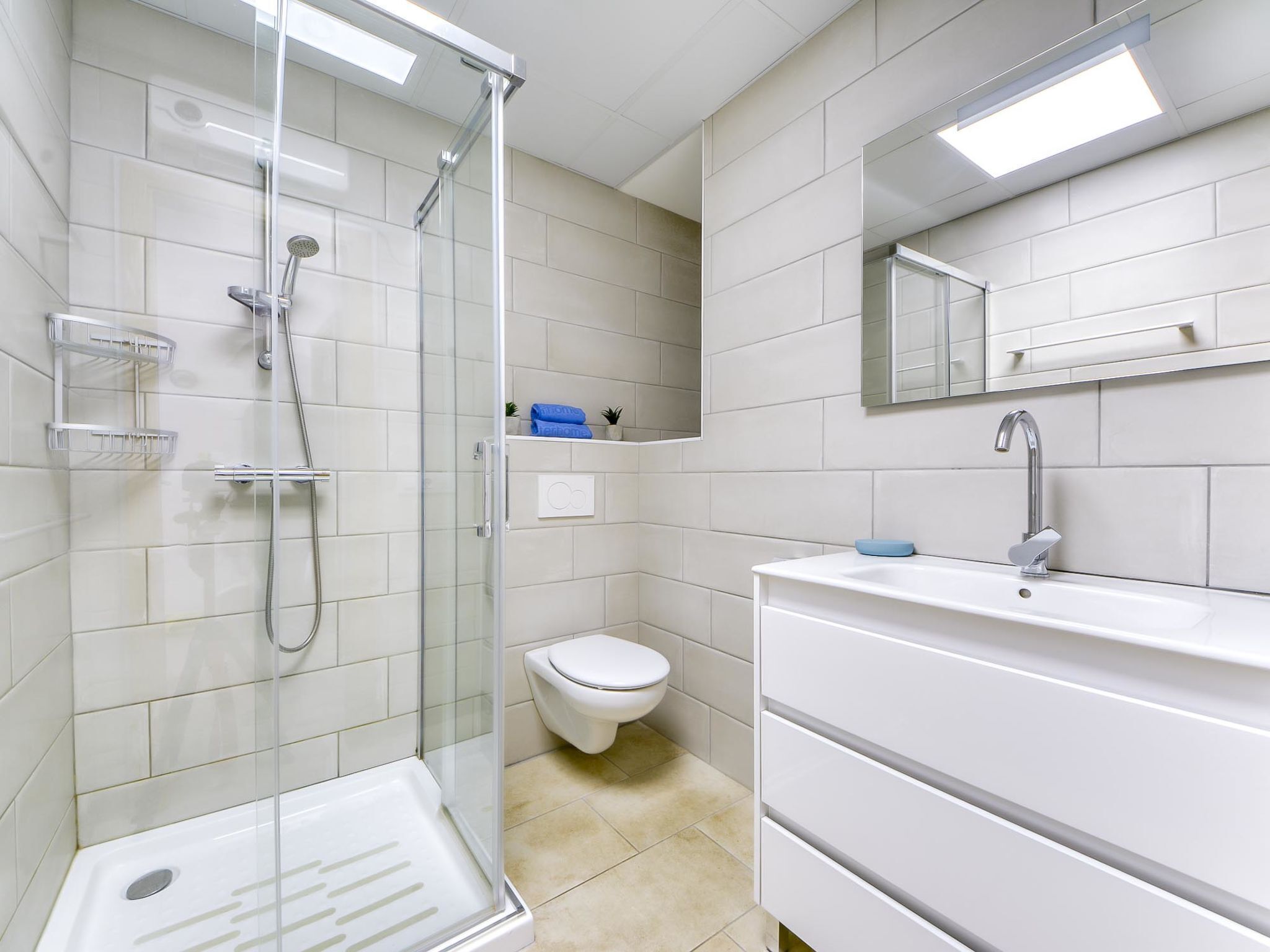 A modern bathroom with a glass shower enclosure, a white sink, and a toilet.