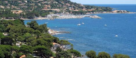 A coastal town with a marina, houses, and a road leading to the sea.