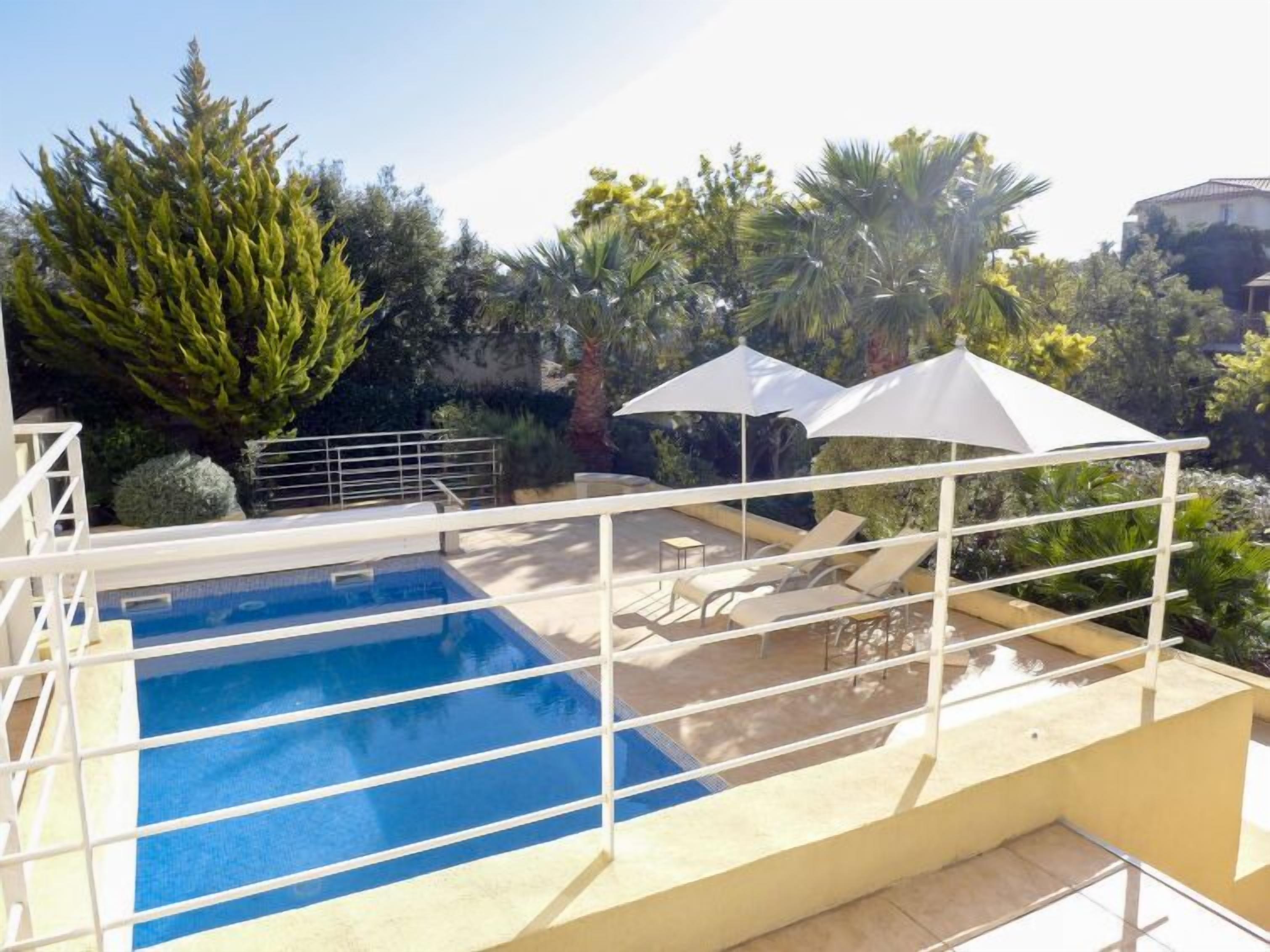 Une piscine située sur le toit, avec une balustrade blanche, entourée de palmiers et d’autres plantes vertes.