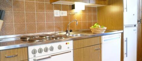 Fridge, oven, dishwasher, cookware/dishes/utensils