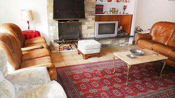 Televisie, een open haard en een dvd-speler