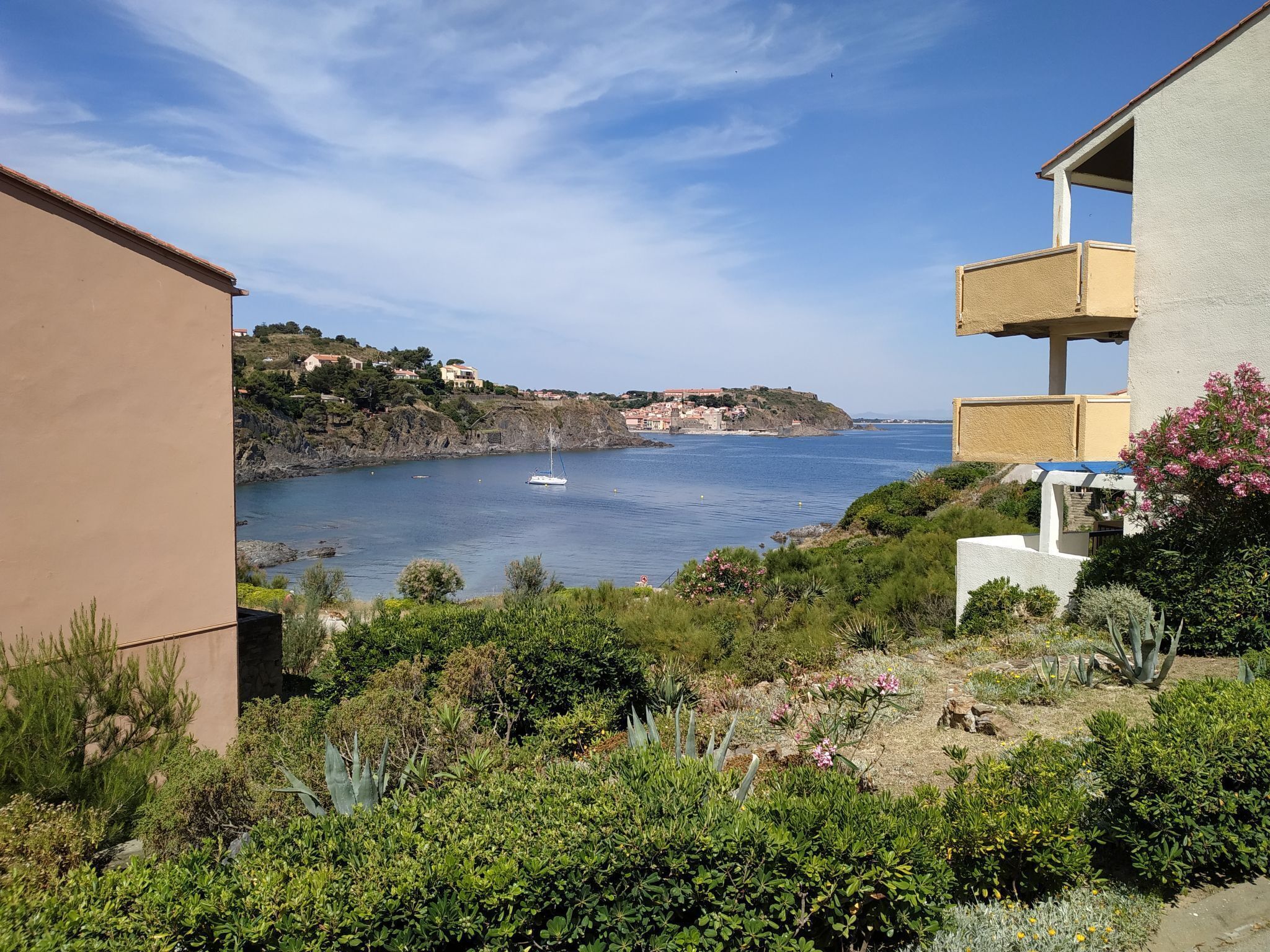 A coastal view with a sailboat on the water, a rocky hillside with buildings, and a garden with various plants.