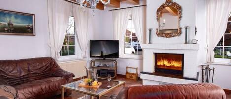 Télévision, cheminée, lecteur de DVD