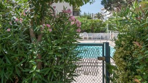 Piscina cercada por vegetação exuberante e uma grade.