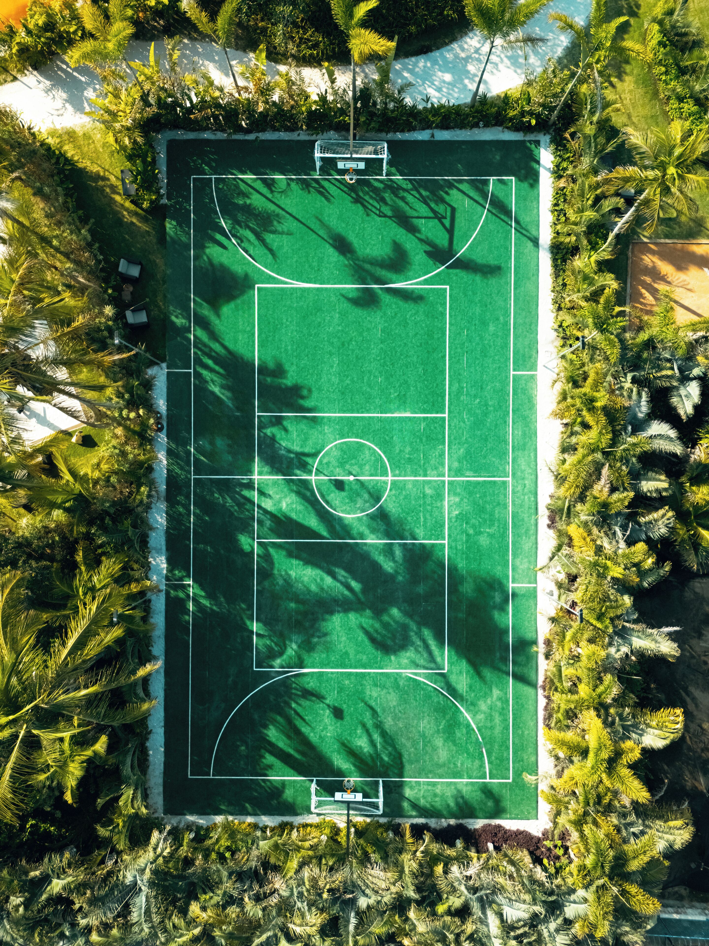An aerial view of a green sports court surrounded by dense tropical foliage.