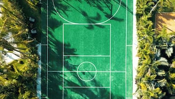 An aerial view of a green sports court surrounded by dense tropical foliage.