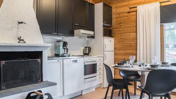 Fridge, microwave, dishwasher, cookware/dishes/utensils