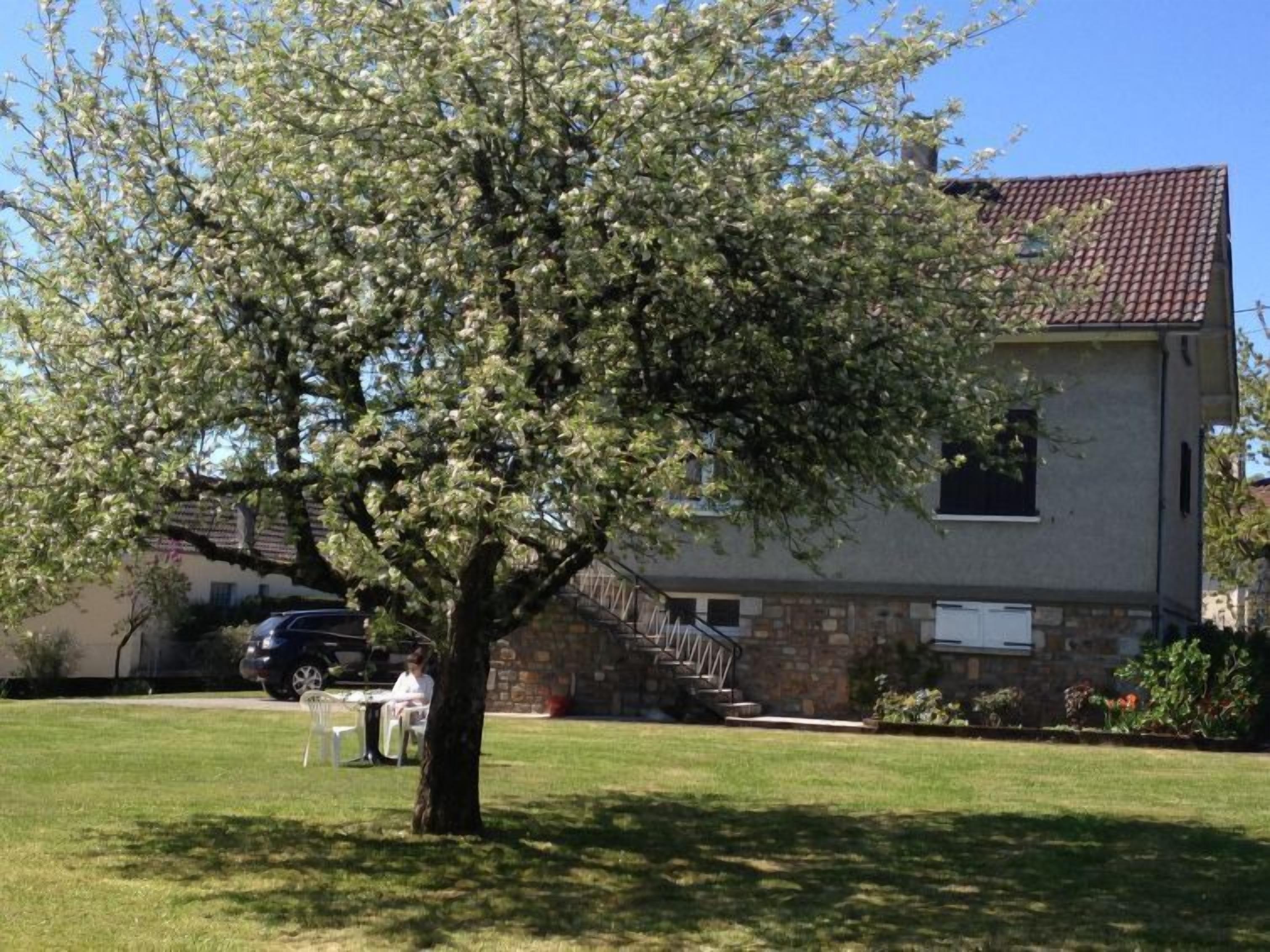 Une allée bordée d’arbres mène à une maison en pierre surmontée d’un toit de tuiles.