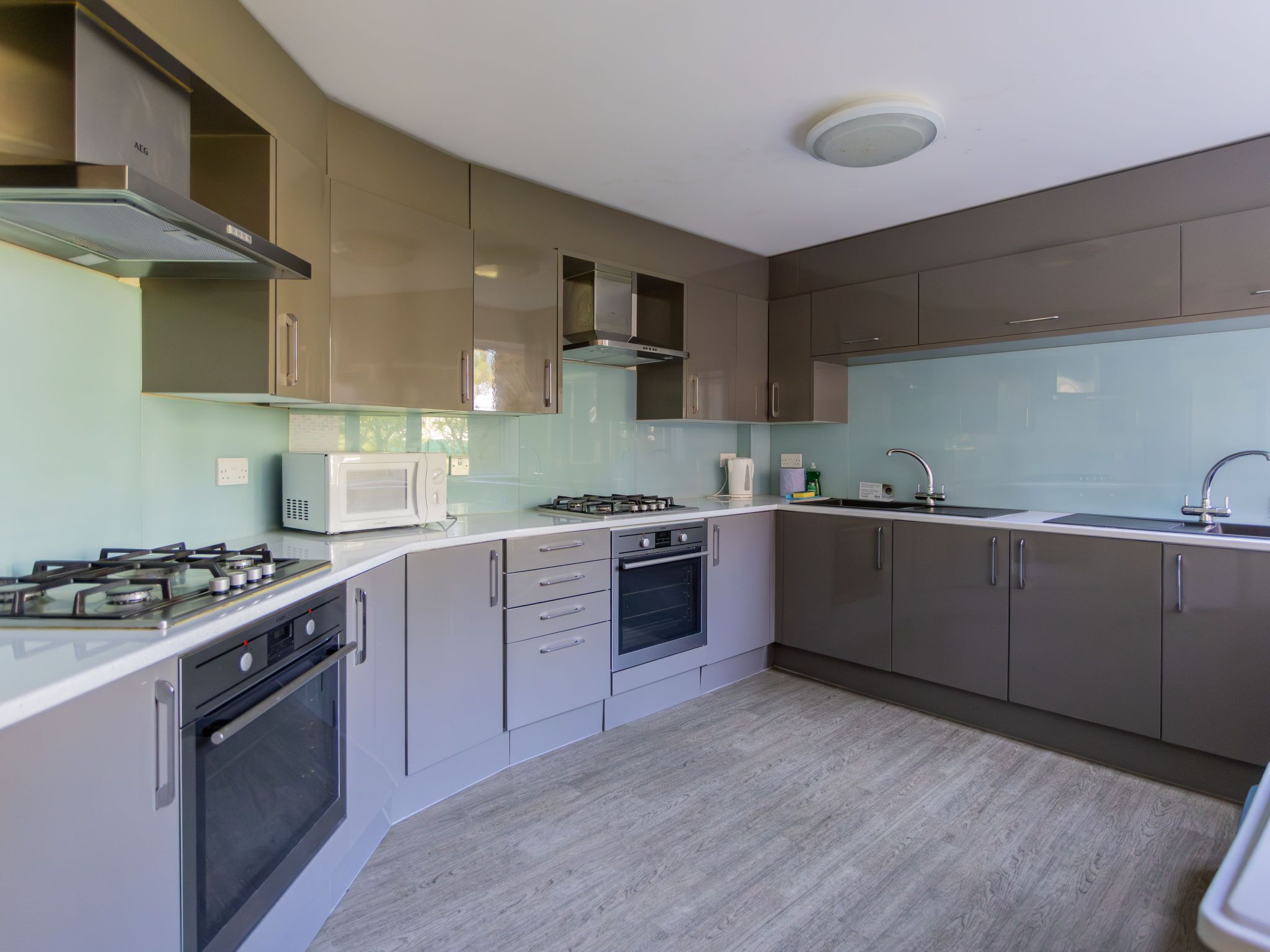 Fridge, microwave, oven, cookware/dishes/utensils