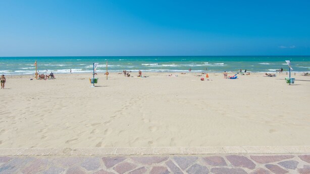A beach with clear skies, a sandy shore, and a few people and umbrellas.