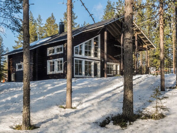 A cabin with a large windowed porch, surrounded by trees and covered in snow.
