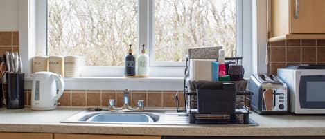 Fridge, microwave, oven, cookware/dishes/utensils