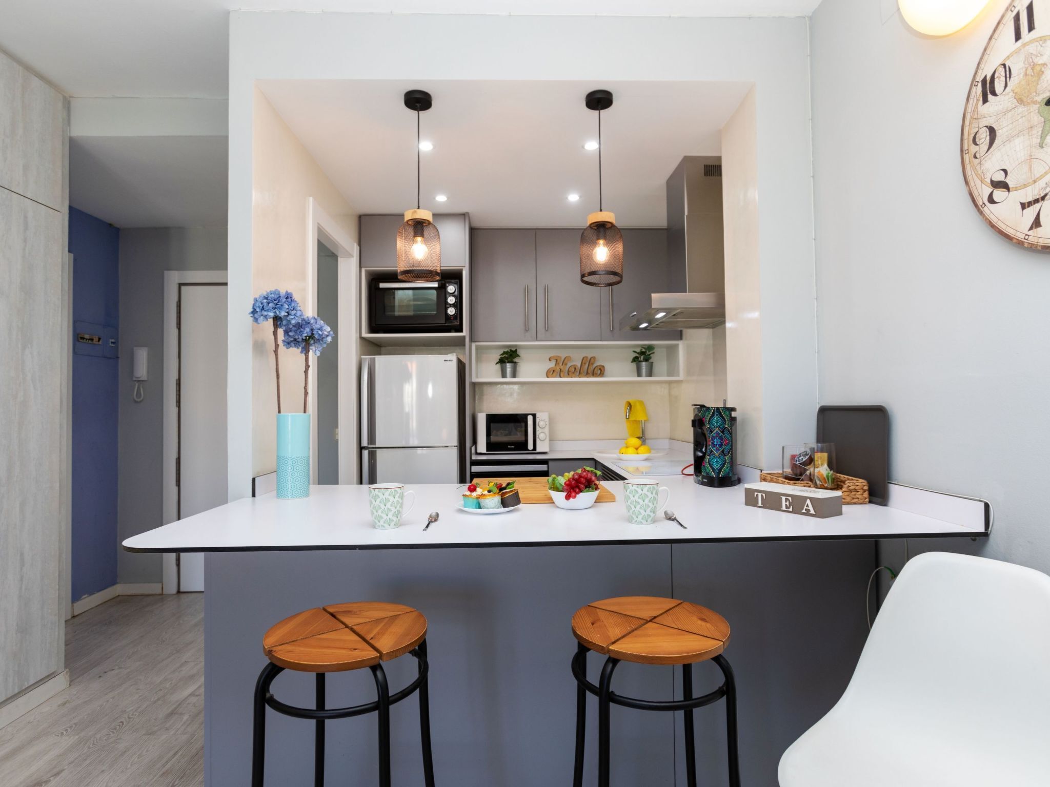 Fridge, microwave, toaster, cookware/dishes/utensils