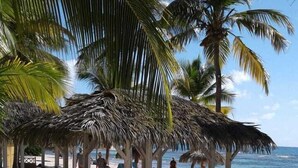 Een strand met rieten hutten en palmbomen.