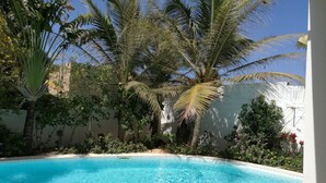 Une piscine entourée de palmiers et de diverses plantes, avec des chaises longues rayées de bleu et de blanc.