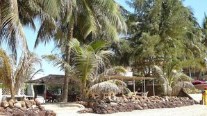 Une zone située au bord de la plage, agrémentée de palmiers, d’une structure à toit de chaume et d’un mur en pierre.