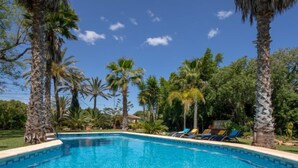 Piscina azul límpida rodeada por palmeiras e espreguiçadeiras.