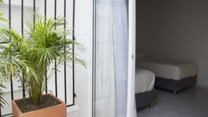 Een kleine, moderne kamer met een bed, een plant in pot en een schuifdeur van glas.