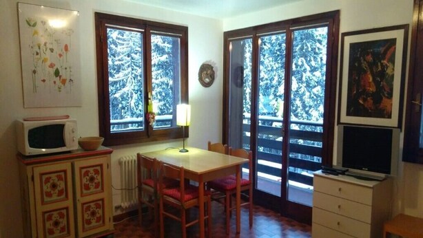 Ein gemütliches Zimmer mit Holztisch, Stühlen, Heizkörper, Fernseher und Fenster mit Blick auf Schnee.