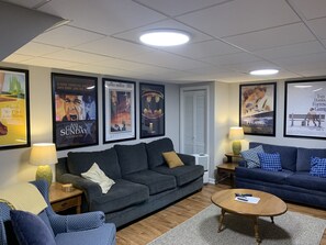 Smart TV, fireplace, DVD player, books