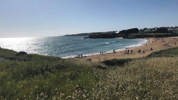 Una spiaggia con persone e cavalli, zone verdi e una costa con case sullo sfondo.
