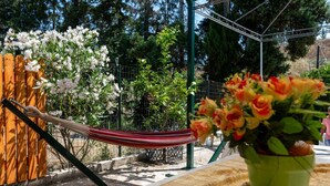Una hamaca atada entre dos postes de madera, una cerca de madera y una estructura metálica verde en un jardín con plantas florecientes y una mesa con un florero verde.