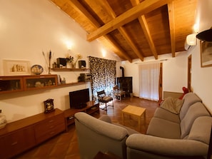Uma sala de estar aconchegante com teto de madeira, um sofá, uma TV e uma lareira.