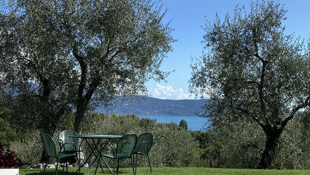 An outdoor swimming pool with clear water, surrounded by green chairs and a table, with trees and a view of a distant lake and mountains. - Villa with park, private pool and lovely lake view (Gardone Riviera)