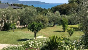 A lush garden with various plants and flowers, a well-maintained lawn, and a view of the sea and distant hills. - Villa with park, private pool and lovely lake view (Gardone Riviera)
