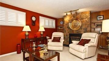 TV, fireplace, books