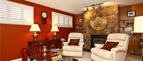 TV, fireplace, books