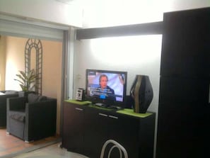 Quarto com televisão sobre um armário, uma planta e uma escada encostada na parede.