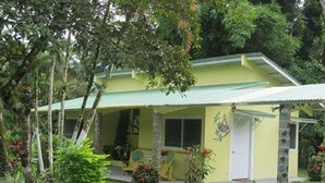 Une maison de plain-pied dotée d’un toit végétalisé, d’un porche abrité et d’un petit jardin où poussent diverses plantes et fleurs.