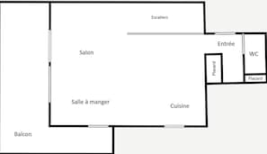 A hotel layout with a balcony, salon, dining room, kitchen, WC, and entrance. - 3* Apartment, cozy, 8 pers, La Clusaz, WIFI (La Clusaz)