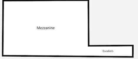 A simple layout with the words 'Mezzanine' and 'Escaliers' indicating a floor level and a staircase.
