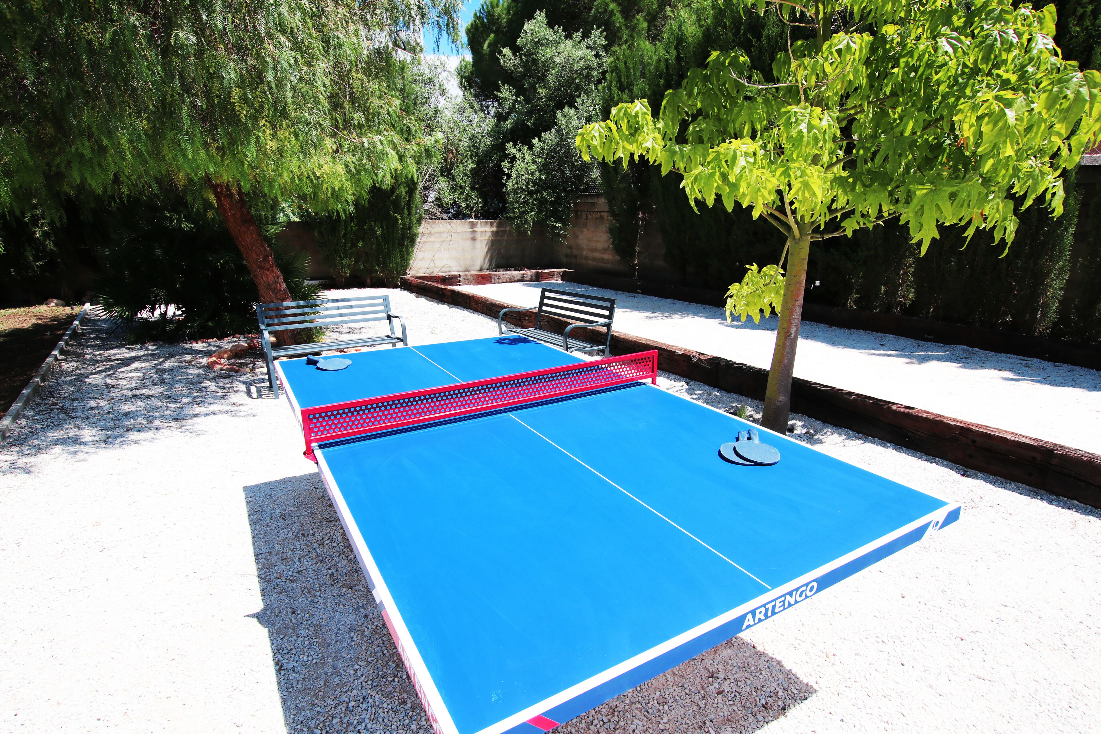 A ping pong table with a net in an outdoor setting.
