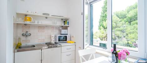 Fridge, microwave, stovetop, cookware/dishes/utensils