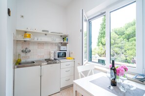 Kühlschrank, Mikrowelle, Herdplatte, Kochgeschirr/Geschirr/Besteck