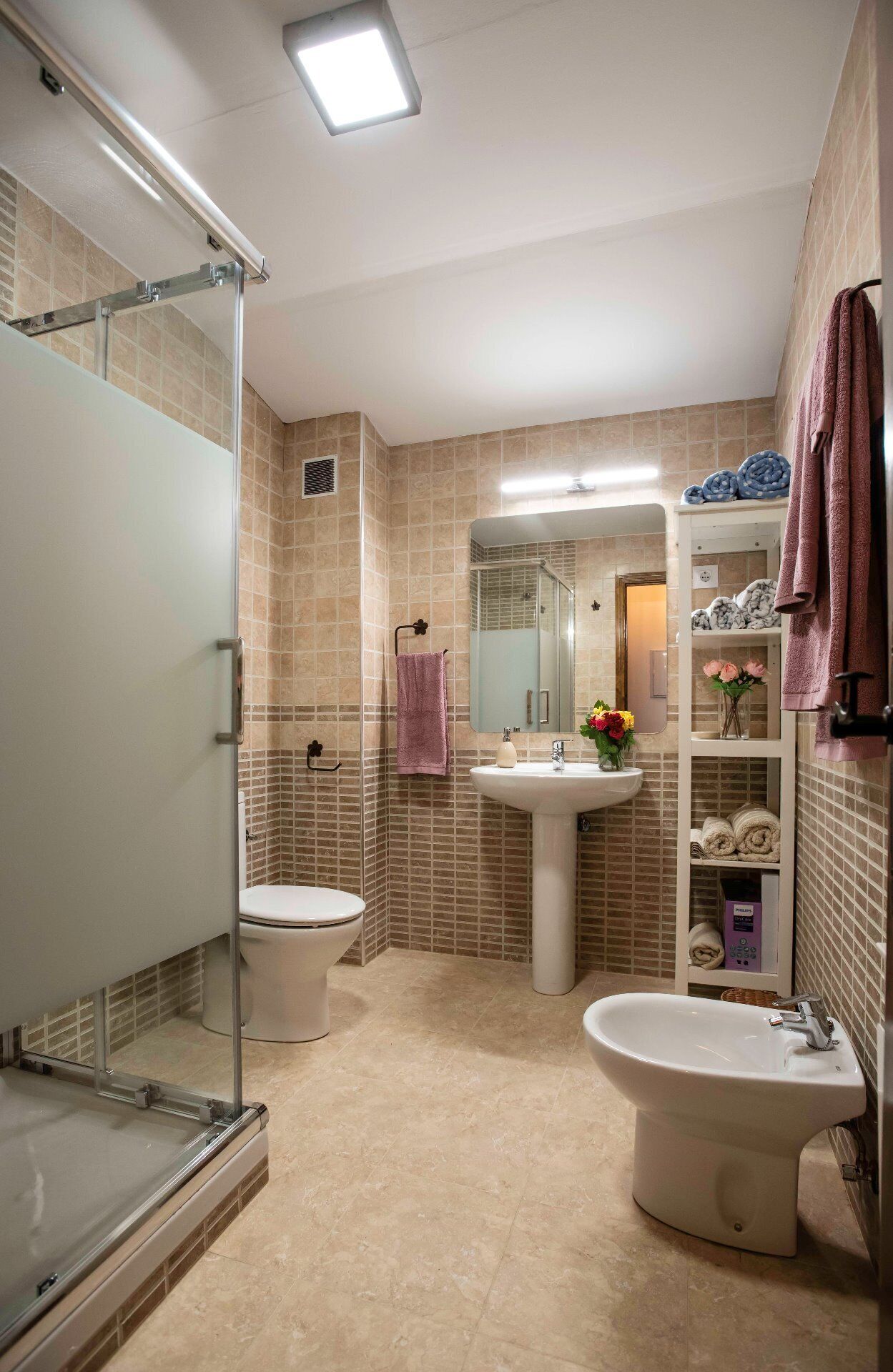 Hair dryer, towels, soap, shampoo