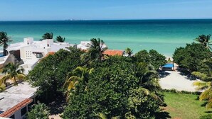 A coastal view with a clear blue sky, a sandy beach, and lush greenery. - Artistic Mayan Accommodations - AMA 2C (Boulevard Turístico Bording)