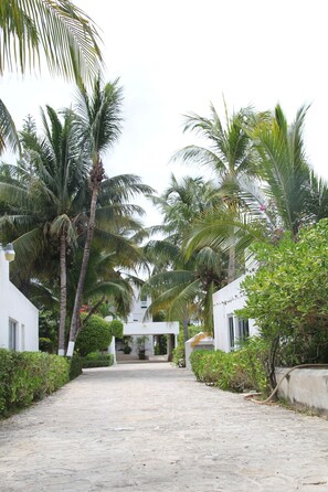 View of the entrace coming from the road, two car shaded parking garage