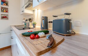 Kühlschrank, Mikrowelle, Herdplatte, Wasserkocher mit Kaffee-/Teezubehör