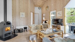 A cozy living room with a wood-paneled interior, a fireplace, comfortable seating, and a television. - Pet friendly home in ålbæk with sauna (Ålbæk)