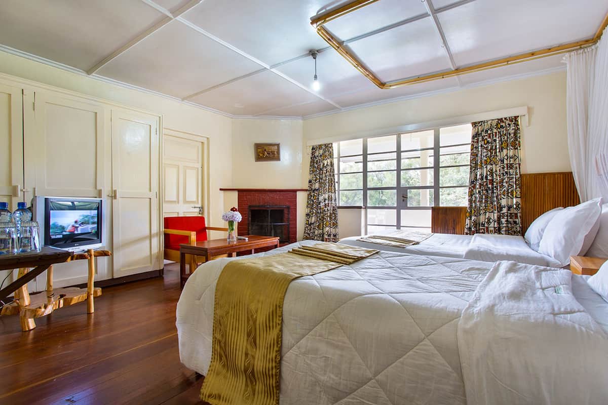 A hotel room with a large bed, a television, a fireplace, and a window with curtains.