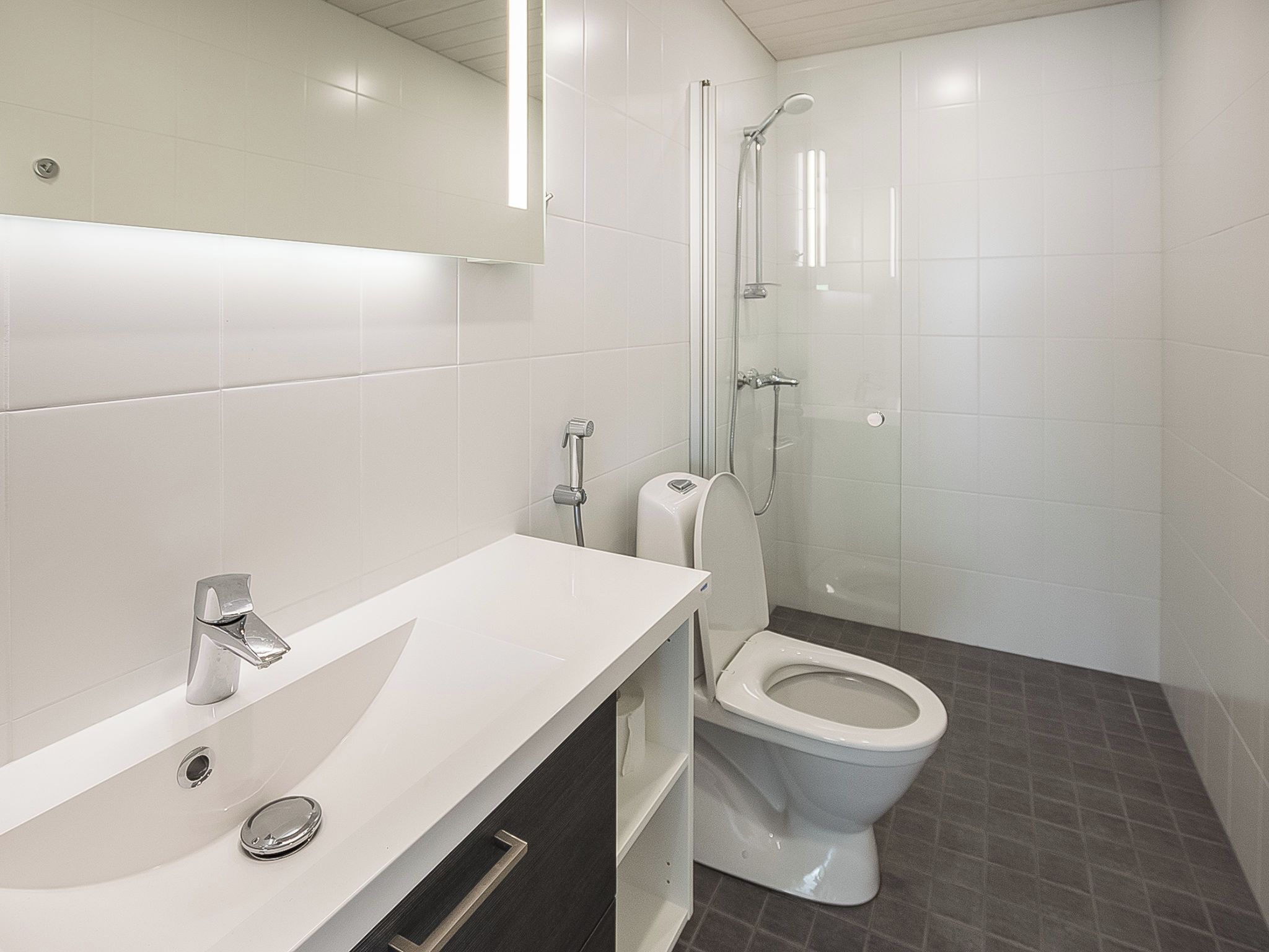 A modern bathroom with a white sink, a toilet, and a glass-enclosed shower.
