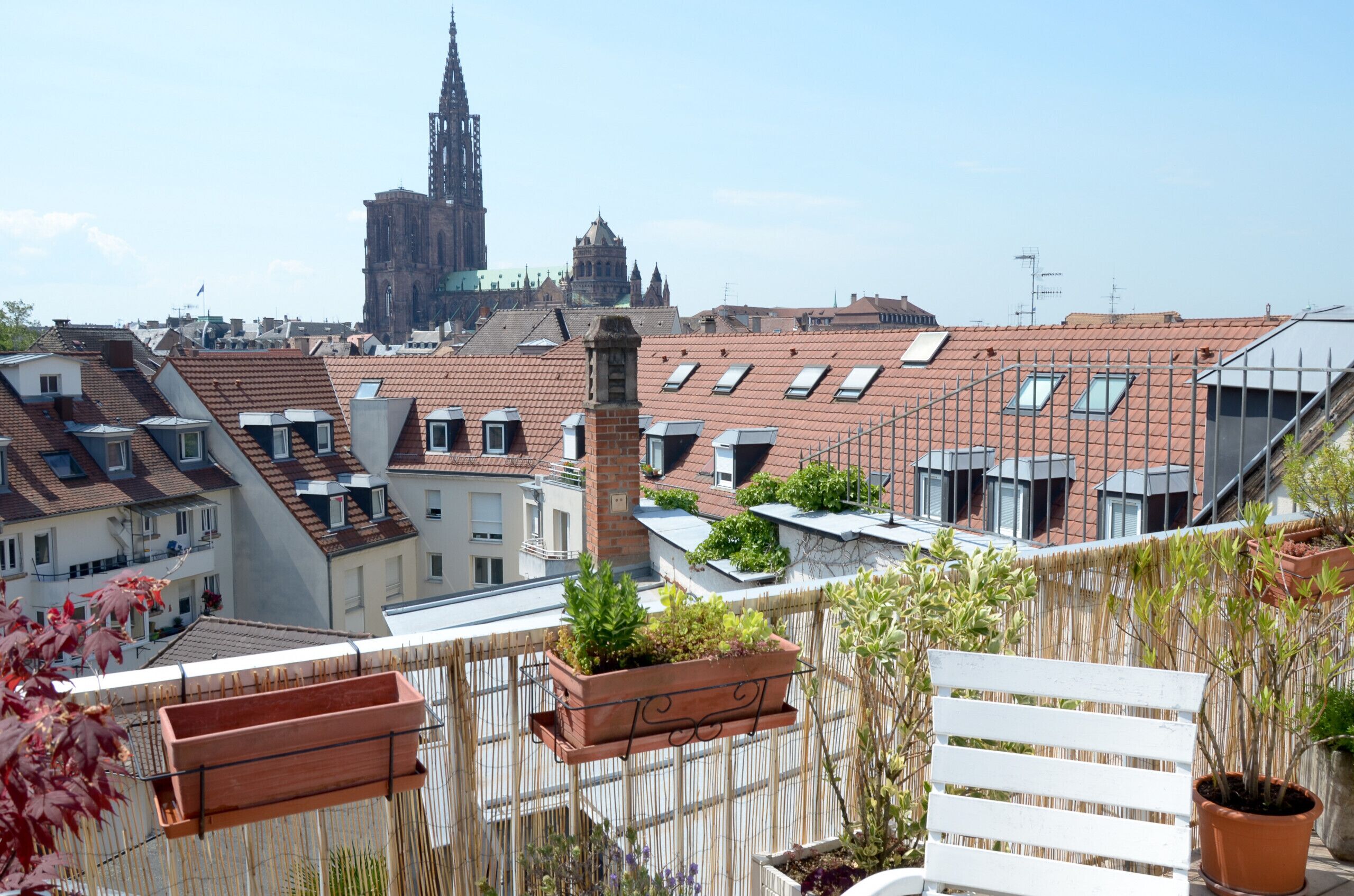 A rooftop terrace with terracotta tiles, potted plants, and a white bench.
