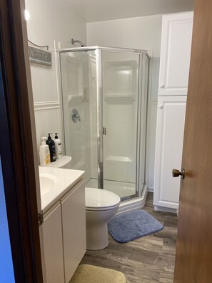 Ein Badezimmer mit Duschkabine aus Glas, einer weißen Toilette und einem Waschbecken mit Pflegeprodukten.