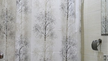 Een douche, een haardroger, een bidet, handdoeken