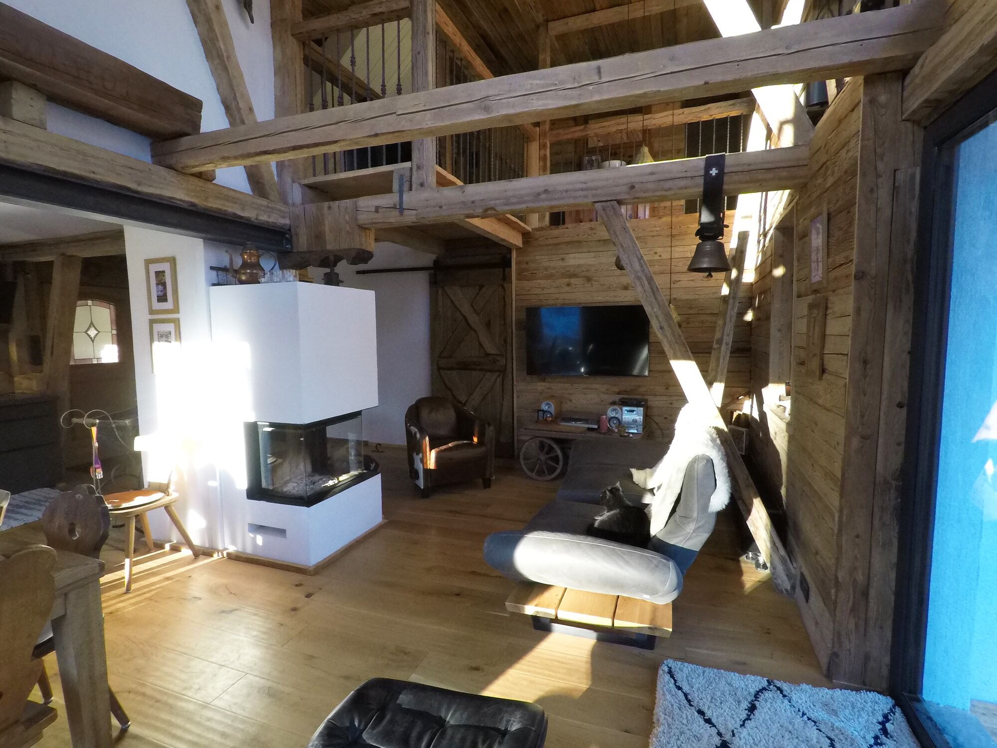 Smart TV, fireplace, books, stereo